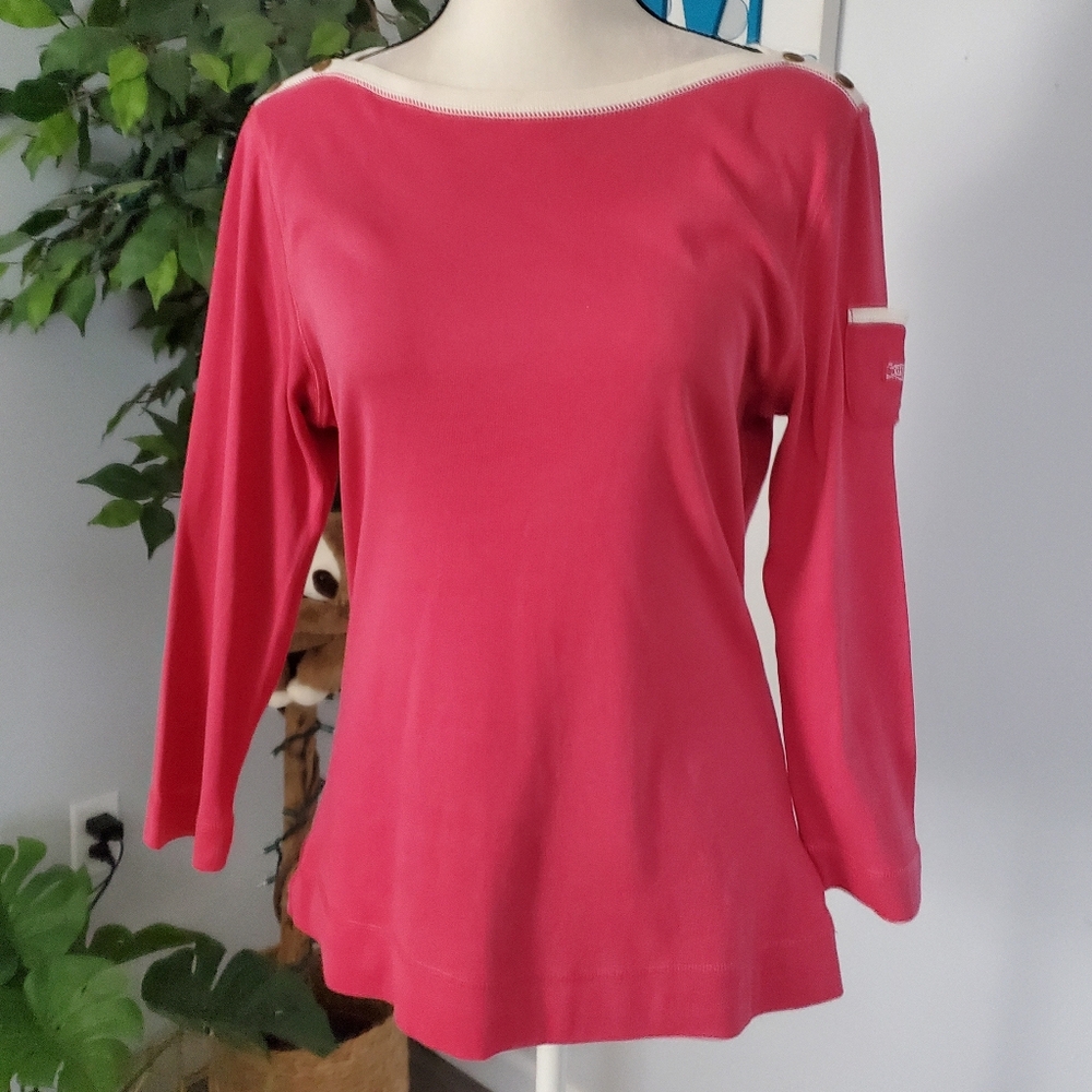 LAUREN RALPH LAUREN Boat Neck Pocket Sleeve Tee L